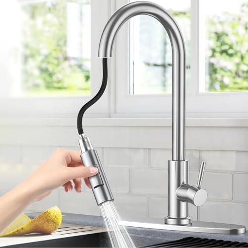 NIKYJM Rubinetto Lavello Cucina Rubinetto Cucina Girevole a 360° estensibile,2 Modalità Dell'acqua,Rubinetto Lavello Cucina in Acciaio Inox Miscelatore, Alta Pressione,1 foro,G3/8,Argento Nichel