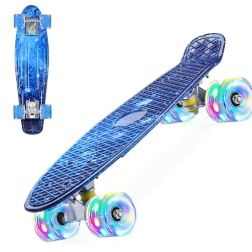 ERNAN Skateboard 22in Mini Cruiser Skateboard Completo retrò per bambini, ragazzi, adolescenti, adulti, principianti, ruote luminose a LED,carico massimo 99,8 kg (Deep blue)