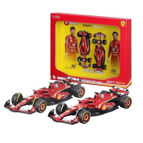 BBURAGO Ferrari SF-24 F1 Imola Livery 2024 Leclerc #16 e Sainz #55, Set 2 Auto Diecast in Scala 1:43, Confezione Quadro Espositivo, Licenza Ufficiale Ferrari, Età Consigliata 14+ Anni