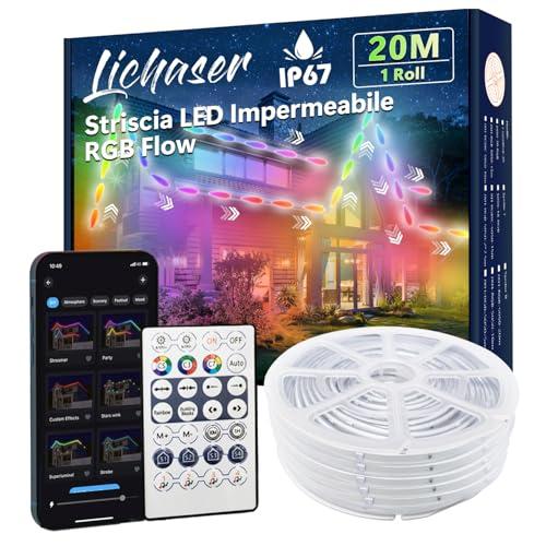Lichaser Striscia LED per Esterni Strisce LED Impermeabili Fai da te IP67 RGB+IC, Tracciamento e Segmentazione con App BT Etelecomando 2.4G RF per Uso Esterno (20m)
