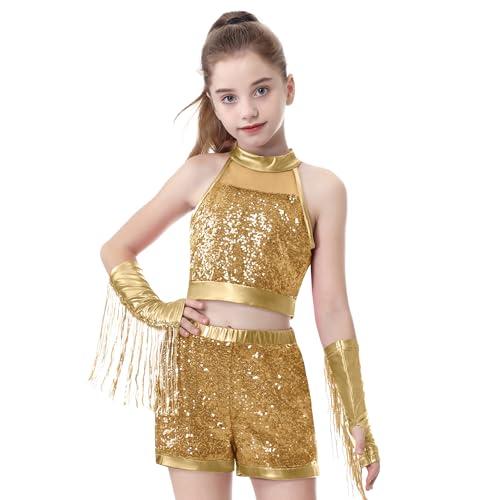 LOLANTA Ragazze Costume da Ballo in Paillettes, Vestito Scintillante da Danza Hip Hop Jazz, Abbigliamento da Danza da Strada per Bambini con Top e Pantaloncini Senza Maniche(Oro, 8-9 anni, 140)