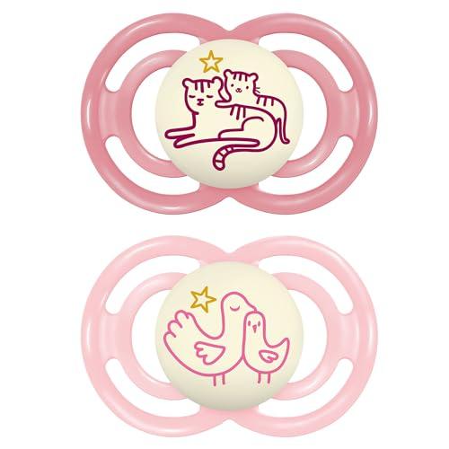 MAM Perfect Night Confezione Doppia Succhietto 16+ Mesi (Set da 2), Ciuccio MAM 16 36 mesi silicone che si illumina al buio, Kit da 2 accessori neonato per lo sviluppo orale con porta ciuccio, Rosa