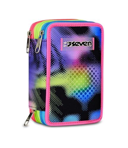 Seven Astuccio Scuola 3 Zip Write Down, Viola, Portapenne Triplo Scomparto Completo Di Penne, Matite, Colori, Accessori Zaino, Scuola Elementare, Bambina