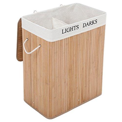 SONGMICS Cesto Portabiancheria, 100 L, Cesta per il Bucato a 2 Scomparti, in Bambù, Coperchio e Maniglie, Pieghevole, Sacchetto Estraibile e Lavabile, Lavanderia, Camera da Letto, Naturale LCB64Y