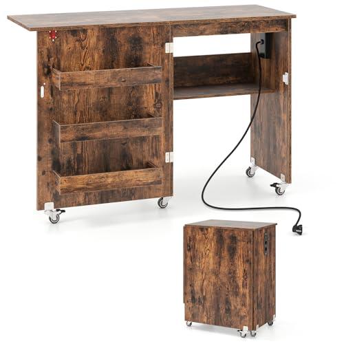 COSTWAY Mobile per Macchina da Cucire Pieghevole, Tavolo da Cucito con Stazione di Ricarica, Ruote Bloccabili, Ripiano e Contenitori (Marrone, 116 x 41 x 78 cm)
