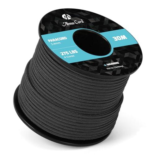 Abma Cord 30M Paracord 275 Nylon Corda 2,4 mm Corda da Paracadute a 4 Fili Cavo di Sopravvivenza, Cavo Militare, Cavo Multiuso - Max. 125kg (275lbs) - Nero