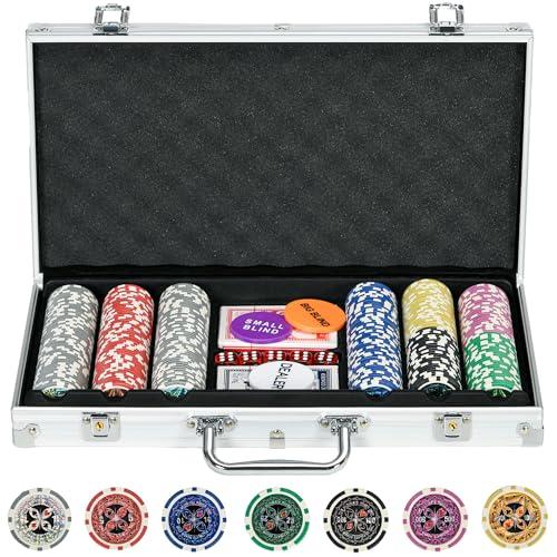 SPORTNOW Set di Fiches Poker, Set Poker Professionale con 300 Fiches da Gioco 11.5g, 2 Mazzi di Carte e 5 Dadi, Set Poker in Alluminio e Poliestere, Argento