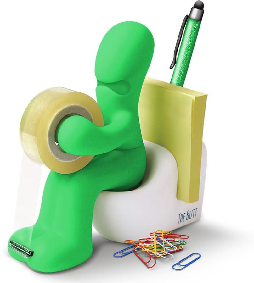 THE BUTT - Porta Nastro Adesivo e Portaoggetti - Accessorio Divertente per Ufficio, Casa o Scuola - Organizer per Scrivania e Porta Bloc-notes, con Graffette e Penna - Perfetto come Regalo (VERDE)
