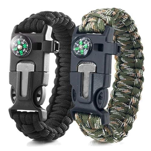 WJRQD Paracord Braccialetto Set Contiene, Bracciale Sopravvivenza Regolabile, Kit Sopravvivenza con Flint + Bussola + Termometro, per attività all'aperto Escursionismo Campeggio di Emergenza, 2PCS