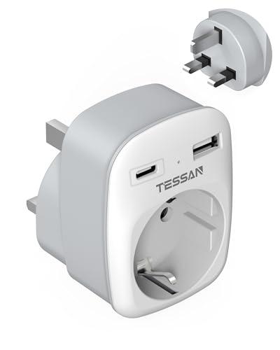 TESSAN Adattatore Presa Inglese, con 2 USB, 3 in 1 Adattatore Spina UK per Malta Malesia Vietnam Cipro, Presa Inglese 3250W, Tipo G