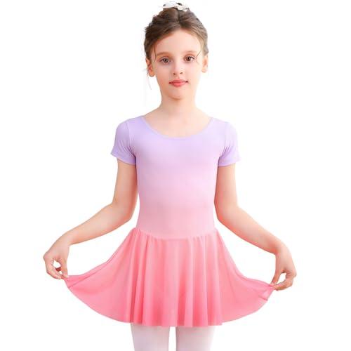 Bezioner Body Danza con Tutu Danza Classica Bambina Manica Corta Vestito Balletto Ragazze Abiti da Balletto Gradient Rosa 130 (120-130 cm, 6-8 Años)