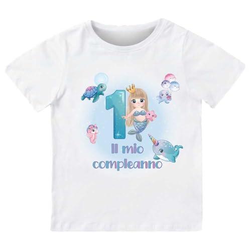 T-shirt in cotone adatto al compleanno 1 anno con tema sirena (Bianco, 1/2 anni)