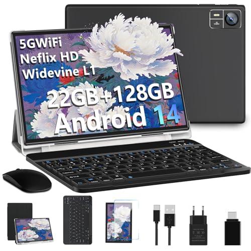 Tablets Android 14 10 Pollici 22GB RAM+128GB ROM(1TB TF), Octa-Core 2.0Ghz, 5G+2.4G WiFi, Bluetooth 5.0, GPS, 8MP + 5MP,Widevine L1, Tipo C, OTG, Cast, Tablet PC con Custodia, Tastiera e Mouse, Nero