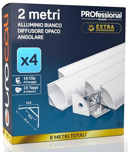 Eurocali 4 Profili Angolari da 2 metri (8mt) in Alluminio Bianco per Strisce LED Schermatura Opaca - Larghezza Massima Stricia LED 10.5mm - 15.8 x 15.8