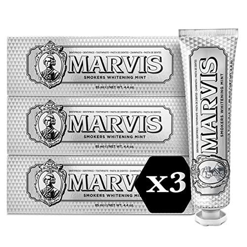 Marvis Smokers Whitening Mint Dentifricio, 3 × 85 ml, Dentifricio sbiancante favorisce uno sbiancamento naturale dei denti, dentifricio rimuove la placca e dona freschezza duratura