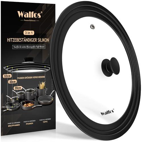 Coperchio Universale per Pentole, Walfos Padelle Coperchio – Vetro Temperato con Bordo in Silicone Resistente al Calore, Adatto per Pentole di Diametro 28/30/32 cm
