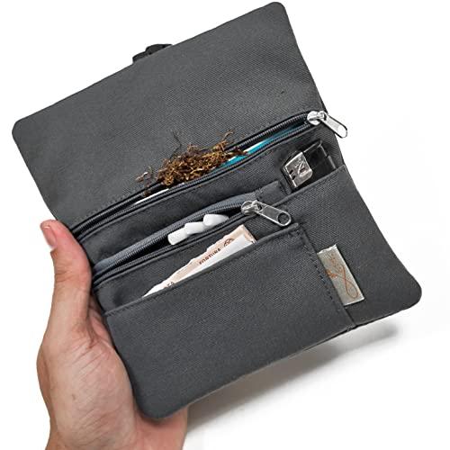 Porta Tabacco Cartine e Filtri Idrorepellente Cucito a Mano - Astuccio Portatabacco in Tessuto con cerniera extra, Porta Tabacco Donna - Porta Tabacco Uomo (Grigio)