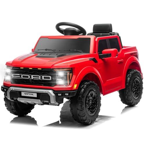 Ford F150 Raptor 12V Auto Elettrica per Bambini con Telecomando Luci LED Bluetooth Cintura di Sicurezza e Ammortizzatori Fuoristrada Pick-Up (Rosso)
