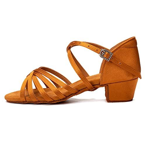 JUODVMP Scarpe Ballo Latino Bambina Scarpe da Ballo Salsa Bambina con Tacco 3cm Marrone Scarpe Latino Donna Americano, 32 EU