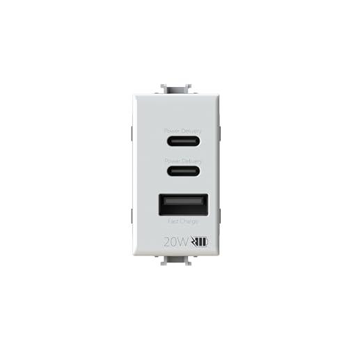 4box - Alimentatore USB CCA 20W compatibile Bticino® Matix™, per caricare i tuoi dispositivi senza bisogno di alimentatori. 3 connettori: due di tipo C e uno di tipo A. Colore Bianco