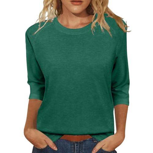Maglietta da donna a maniche a 3/4, con scollo rotondo, estivo, in tinta unita, casual, a maniche lunghe, verde, L