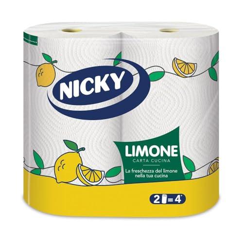 Nicky Limone Carta Cucina - 2 Rotoli da 100 Fogli Assorbenti a 2 Veli, Spessa e Resistente, Fresco Profumo di Limone, Carta 100% Certificata FSC