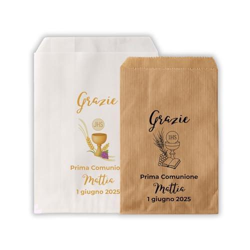 Sacchettini Prima Comunione Personalizzati con Nome e Data – Bustine Portaconfetti in Carta Bianca o Kraft – Confezione Regalo Bomboniere – 10 pezzi (SS-COM2)