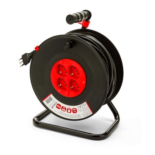 Velamp Prolunga Elettrica con Avvolgicavo 50mt - 4 Prese Polivalenti (Schuko + 10/16A) - Spina Grande 16A - Interruttore di Protezione – Cavo elettrico multipolare 3G Sezione 1,5 mm²