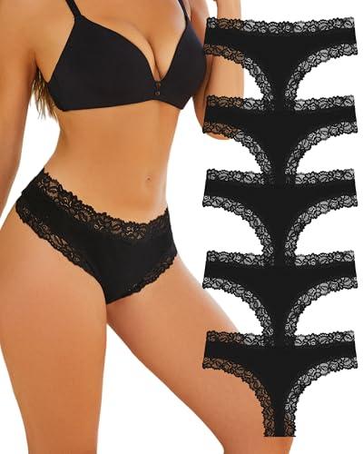 ALL OF SHE Mutande Brasiliana Donna Cotone Negro Slip Pizzo Set Mutandine a Vita Bassa Intimo Seducente Culotte Underwear Pacco da 5-M