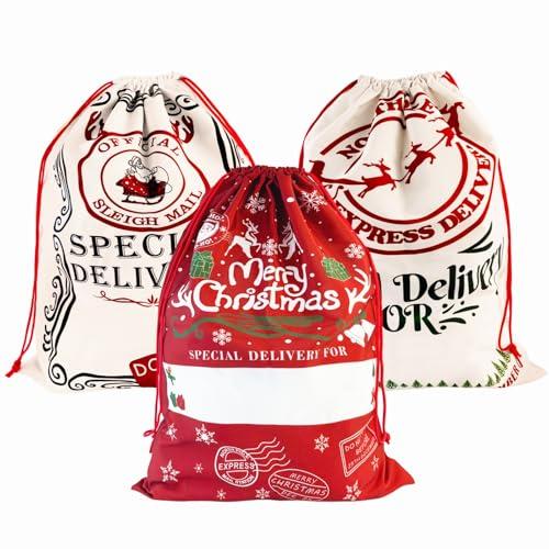 Sacchetti regalo di Natale CNMTCCO 3 confezioni di sacchetti regalo di Natale, sacchetti di tela di Babbo Natale con coulisse, 68,6 x 48,3 cm, per feste, festival, pacchetti natalizi o grandi