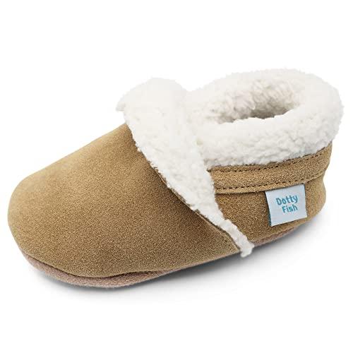Dotty Fish Pantofole a piedi nudi in pelle scamosciata per neonati e bambini - Foderate in pile, antiscivolo, flessibili, consigliate dai podologi. Bambini e bambine - Beige 12-18 mesi