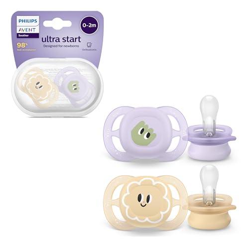 Philips Avent Ultra Start Soothers, ciucci ortodontici per neonati di età compresa tra 0 e 2 mesi, silicone, senza BPA, con custodia per sterilizzazione/trasporto, confezione da 2, SCF075/03