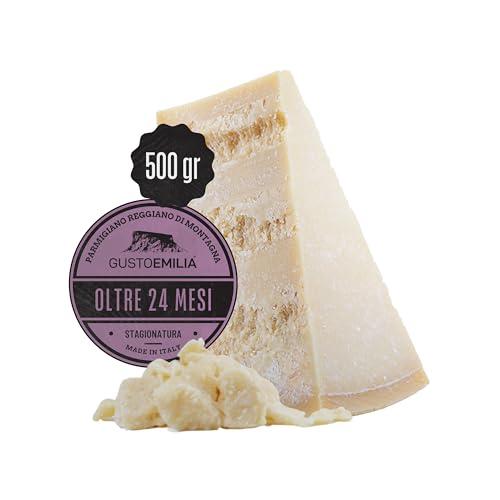 GUSTOEMILIA Parmigiano Reggiano Di Montagna 24 Mesi di Stagionatura - Ideale per Pasta, Pane, Insalate, Stuzzichini e Frutta - Formaggio Stagionato Italiano 500gr (500gr, 24 mesi)