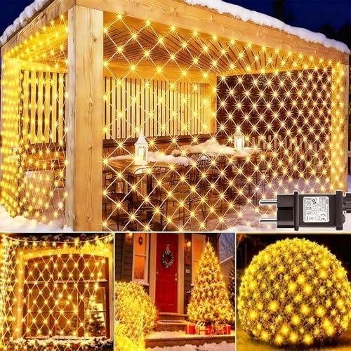 Dekofun 2 Pezzi Rete Luminosa Natale Esterno 3x2M 200 LED Rete Luci con Spina, Timer, 8 Modalità Rete Luci Albero di Natale Impermeabile Tenda Luminosa per Balcone Giardino Terrazza - Bianco Caldo
