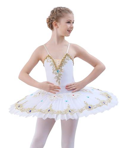 FONLAM Abiti da Balletto per Bambine Ragazza Costume di Ballerina Cigno tutù Balletto Vestito Body Danza (Bianco, 5-6 Anni)