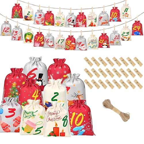 regalo Calendario dell’Avvento da Riempire – 24 Sacchetti in Juta con Numeri Stampati – Calendario Natalizio Fai-da-te Riutilizzabile per Bambini e Adulti, Decorazioni per la Casa