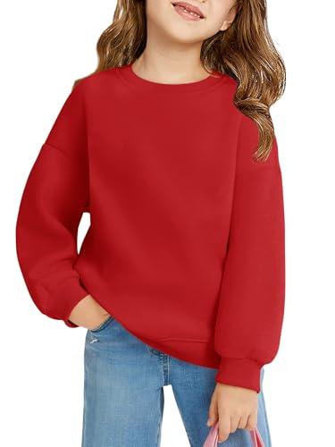 Haloumoning Felpa da ragazza, girocollo, oversize, per bambini, leggera, sportiva, a maniche lunghe, tinta unita, basic 5-14 anni, Colore: rosso, 11-12 Jahre