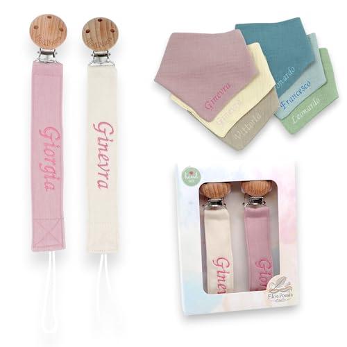 Filo e Poesia Catenella Portaciuccio Con Nome, Personalizzato con nome ricamato, tanti modelli e colori Portaciuccio da poter scegliere, ottima idea regalo per Baby Shower (Rosa-Beige + Bavaglino)