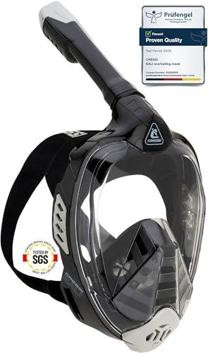 CRESSI Bali Full Face Mask Black/Grey S/M-Maschera Snorkeling Integrale Unisex, Lente Ultra Chiara Anti Fog, 100% Silicone, Snorkel Dry con Valvole Sicurezza, Supporto Action Cam, Nero/Grigio, S/M
