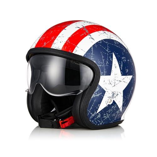 ORIGINE Casco moto Jet Casco da scooter con visiera omologata ECE 22-06(Rebel Star Matt Blue Red,M)
