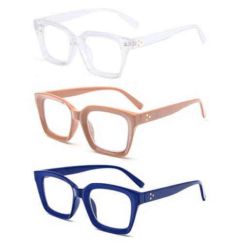 MMOWW Confezione da 3 Occhiali da Lettura Rettangolari: Oversized Square Frame Anti Luce Blu Occhiali donna uomo (Trasparente marrone blu, 2.0)