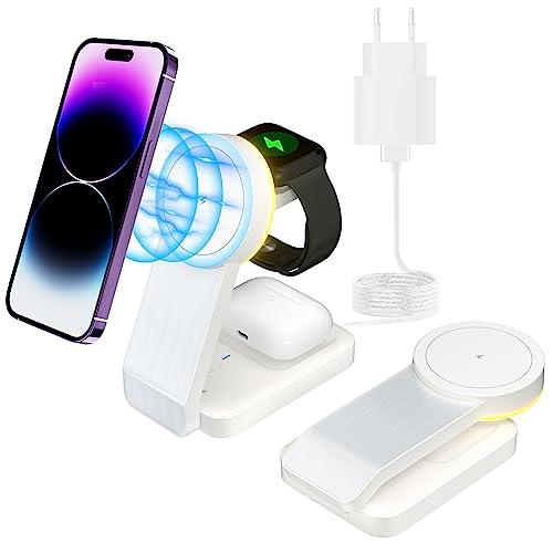Tigratigro Caricatore Wireless per iPhone con Mag-Safe, 3 in 1 Ricarica Rapida Stazione Magnetica Pieghevole portatile Charger per iPhone 12/13/14/15/16, AirPods 2/3/4/Pro, Apple Watch-Bianco