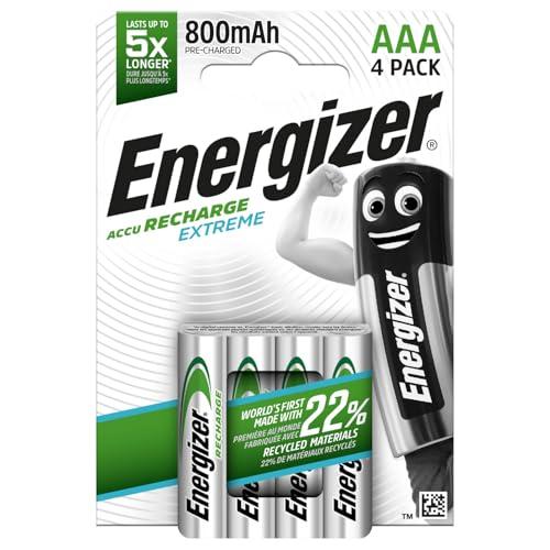 Energizer Recharge Extreme - Batterie Ricaricabili AAA (Confezione da 4) - Pile 800 mAh NiMH - pronte all'uso - potenza di lunga durata - 100% imballaggio riciclabile privo di plastica