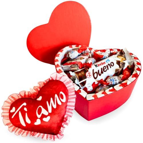 Idee Regalo San Valentino 2025 - Scatola Regalo a Cuore Rosso 20cm + Cioccolato Kinder + Cuscino a Cuore con Scritta - Regalo Uomo e Donna