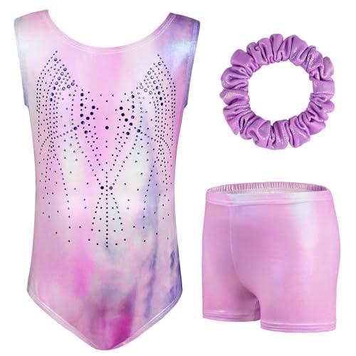 AOOWU Set Ginnastica 3 Pezzi, Leotard Y-Neck Pantaloncini, Danza Gradient Colour Sparkle Manica Lunga/Senza Maniche