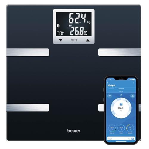 Beurer BF 720 Bilancia Diagnostica con connessione Bluetooth allo smartphone, determinazione del peso e del grasso corporeo, della percentuale muscolare e del fabbisogno calorico AMR/BMR, colore nero