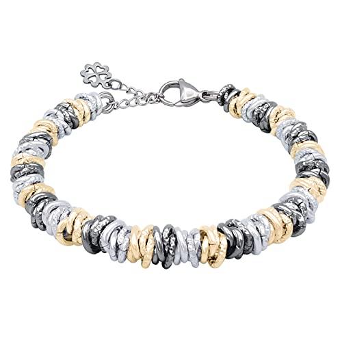 ParticolarModa Bracciale Donna regolabile quadrifoglio portafortuna nodini lucido diamantato 7 mm (Regolabile da 19 a 22 cm (x polso 16-18), Argentato/Dorato/Fumè)