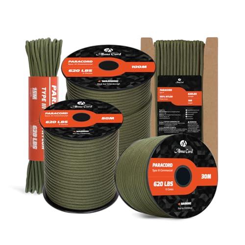 Abma Cord Paracord 4mm 9 Fili 30m Corda Paracord Nylon Corda da Paracadute Tipo 3 620lbs - Max. 280 kg - Verde Militare