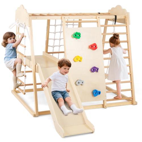 COSTWAY 8 in 1 Set da Arrampicata per Bambini, Palestra in Legno da Interno con Sbarre Scivolo Altalena Scala in Corda e Roccia/Rete da Arrampicata, per Bambini 3 Anni+ (Naturale)