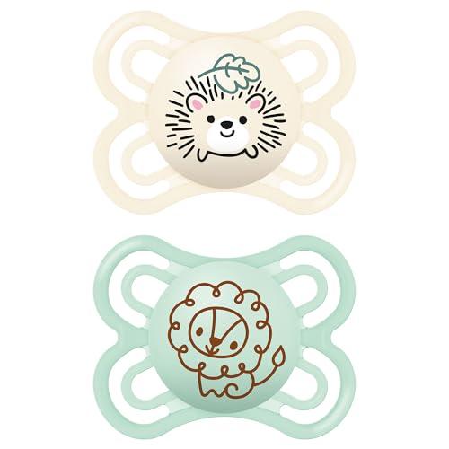 MAM Perfect Confezione Doppia Succhietto 2-6 Mesi (Set da 2), Ciuccio MAM 2-6 mesi in silicone per un sano sviluppo orale, Kit da 2 accessori neonato con porta ciuccio sterilizzatore, Verde/Neutro